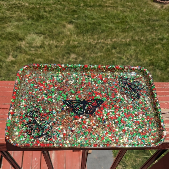 Christmas Butterfly Candy Tray Large Sparkly Red Green White Nerds Candy Resin - Picture 7 of 10